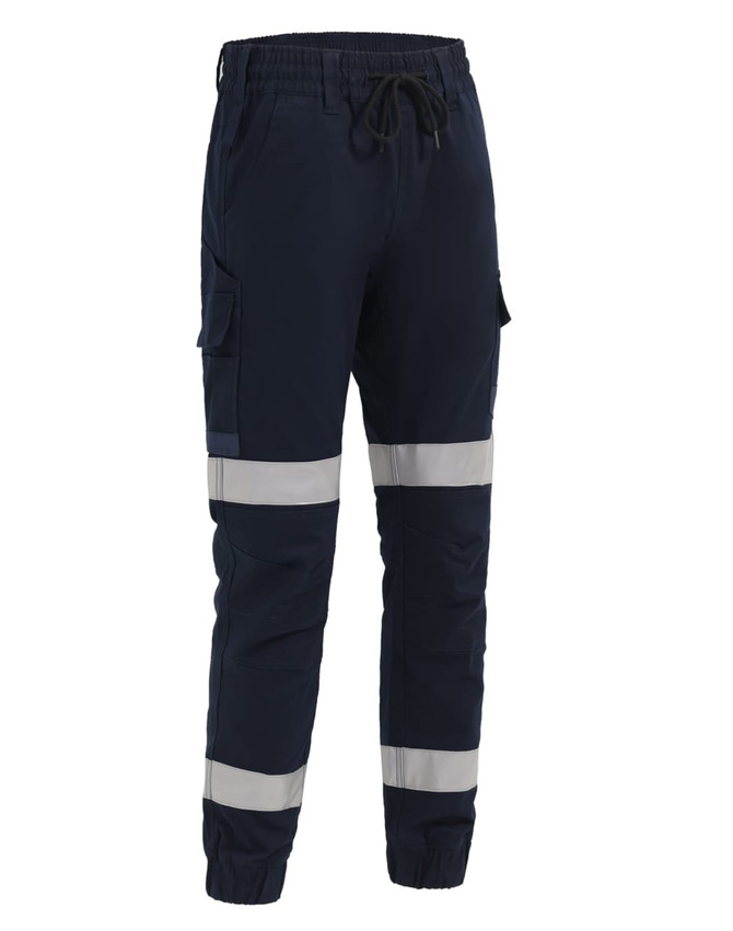 Navy blue cuffed work pants with reflective tape and pockets, featuring an elastic waistband and drawstring.
