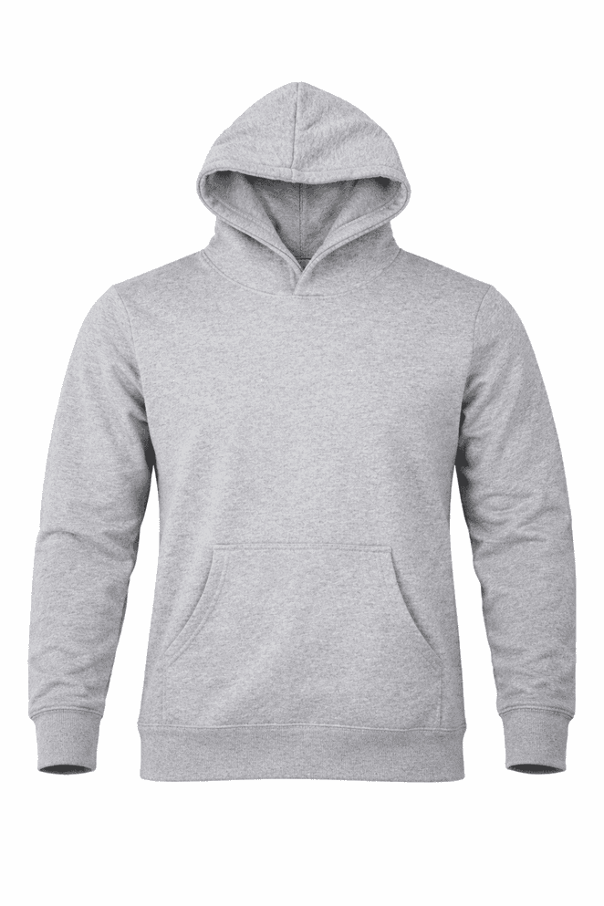 A grey hooded jumper with a front pocket and a logo on the front. Ideal for casual wear.