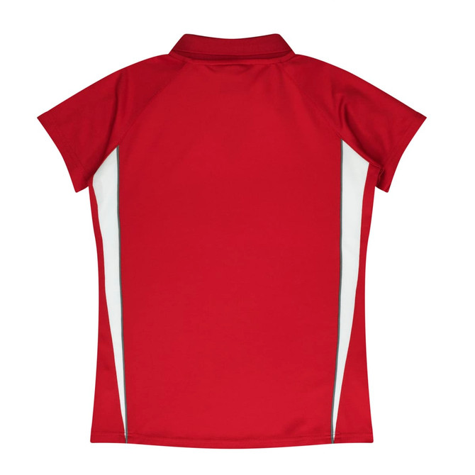 A red polo shirt featuring short sleeves and side panels, complete with a collar and branding.