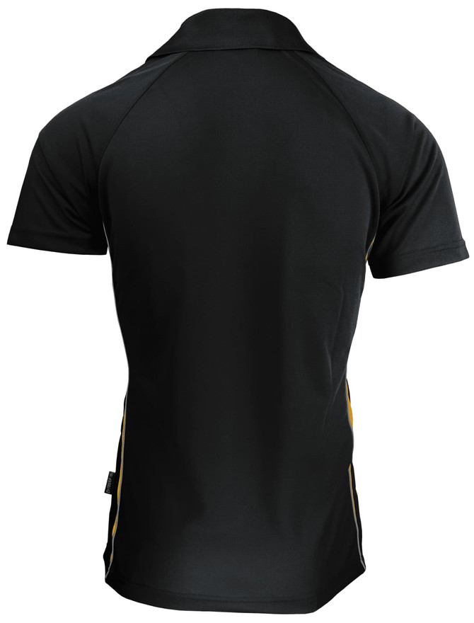A black polo shirt with yellow accents, featuring a logo on one side and a classic design.