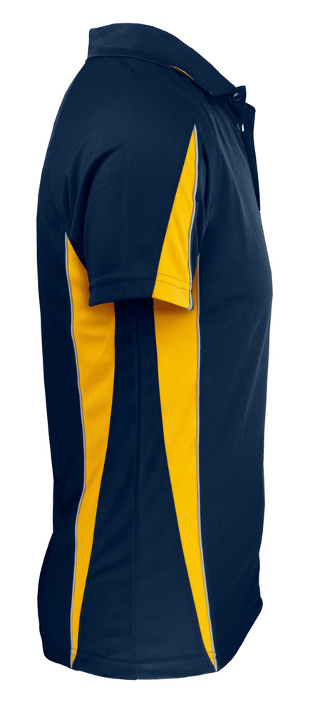 Navy blue polo shirt featuring yellow side panels and a collar, with a logo on the front.