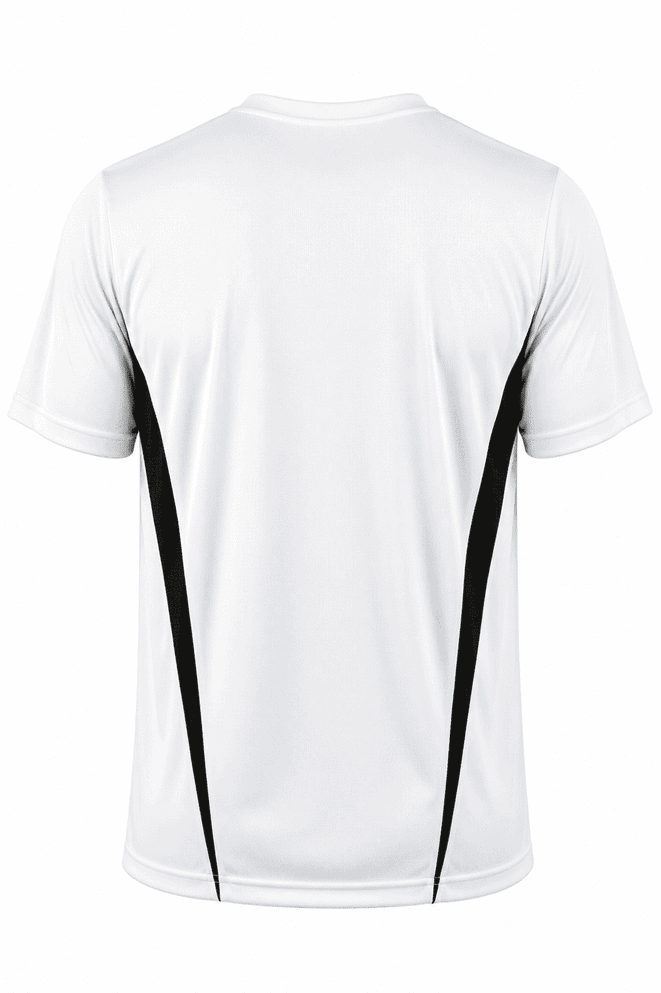 A white men's T-shirt with black side panels and short sleeves, featuring a logo on the back.