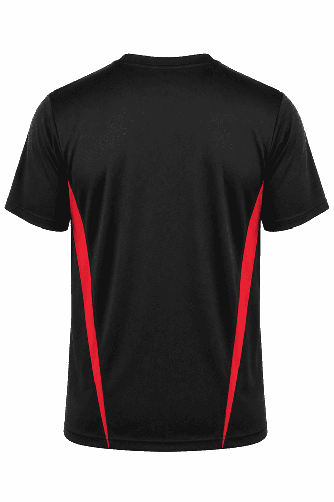 A black T-shirt with red side stripes and a logo on the back.