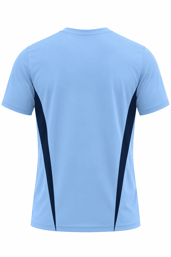 A light blue men's t-shirt featuring dark navy side panels and a logo.