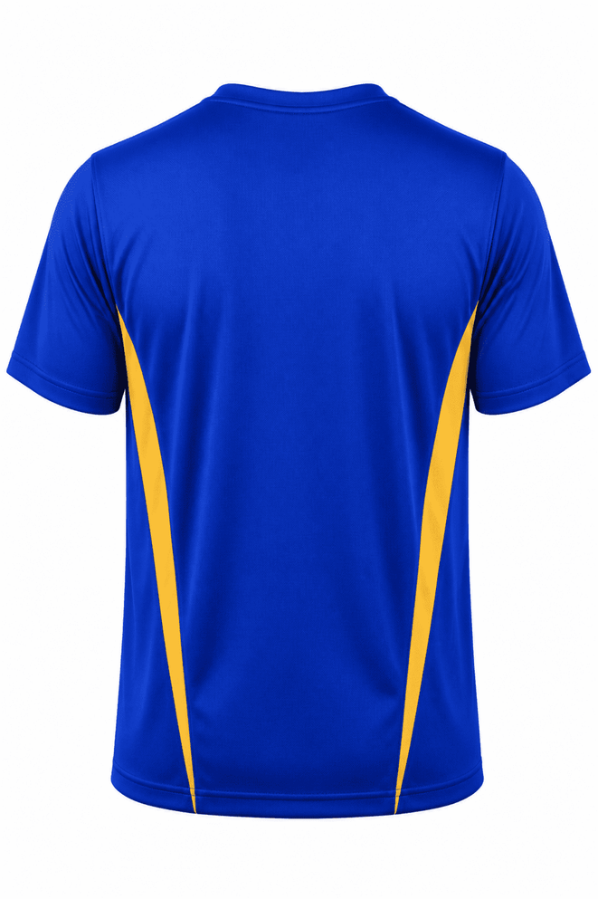 A blue T-shirt with yellow side stripes and a logo on the back. Suitable for casual wear or sports.