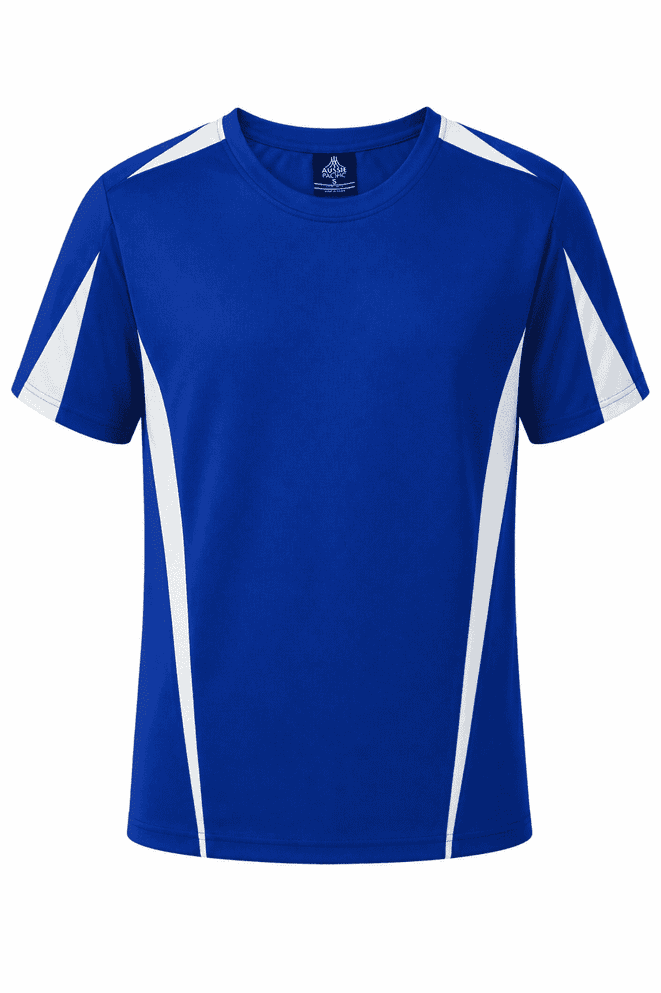 A blue men's T-shirt with white accents and a branding logo. Short sleeves and a round neckline.