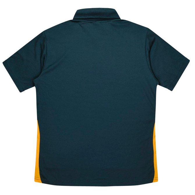 A dark green polo shirt with yellow side panels and a collar, featuring a logo on the back.