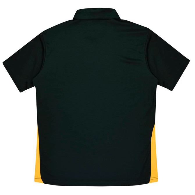 A dark green polo shirt with yellow side panels and a collar, featuring a logo on the front.