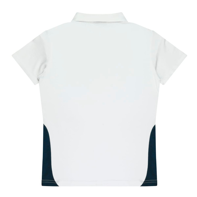 A polo shirt in white with navy side panels, featuring a collar and short sleeves. It has a logo on the front.
