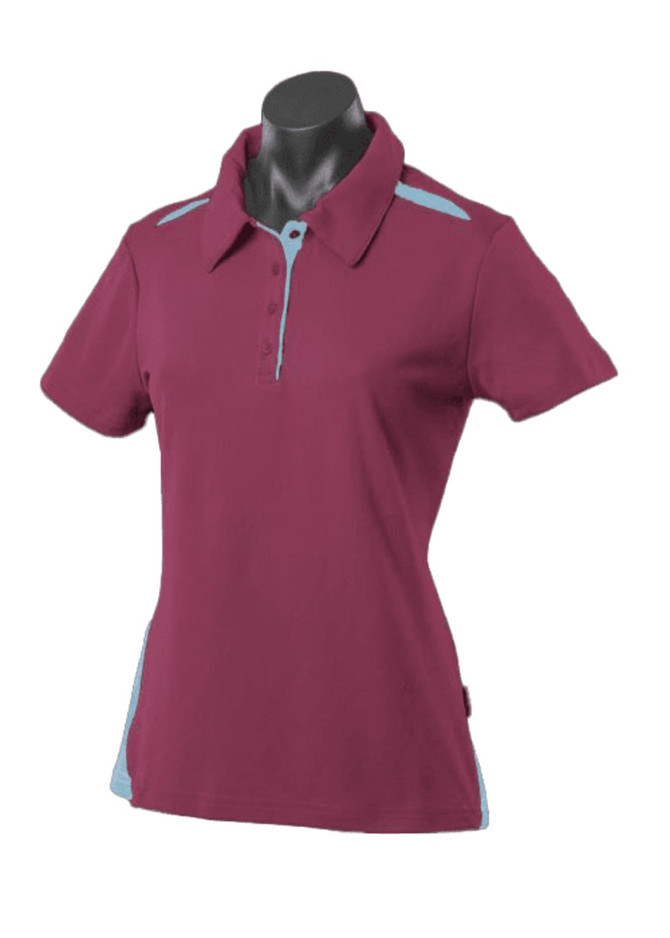 A maroon polo shirt with light blue accents, featuring a collar and short sleeves. It has a logo on it.