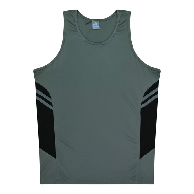 A grey singlet with black side panels and stripes, featuring a branding logo.