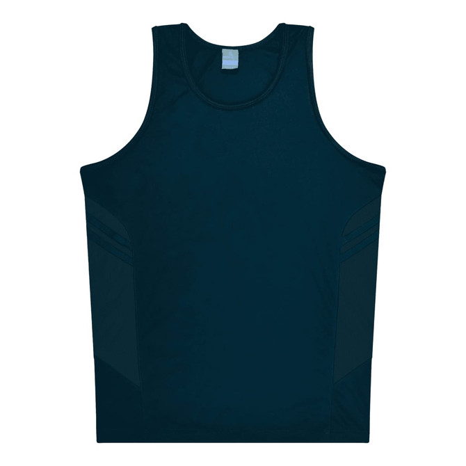A navy blue singlet featuring a simple design with side panel detailing and a small logo.