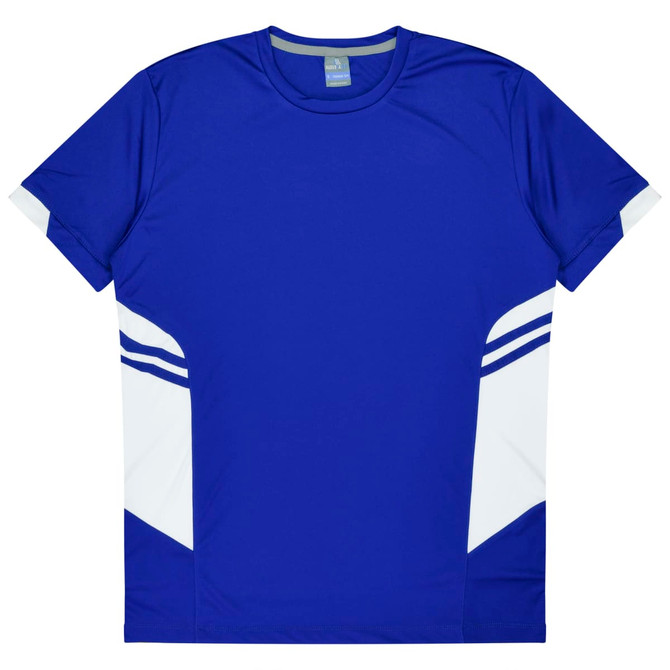 A blue t-shirt featuring white accents and a logo, designed for kids.