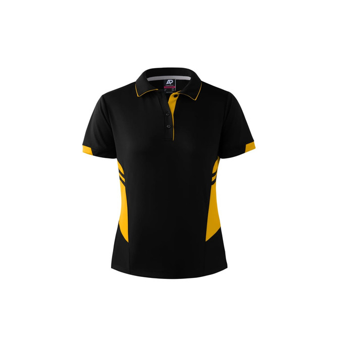 A black and yellow polo shirt featuring a collar, buttons, and a branding logo.