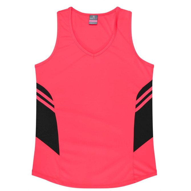 A pink singlet featuring black accents and side stripes, designed for women's wear, with a logo present.