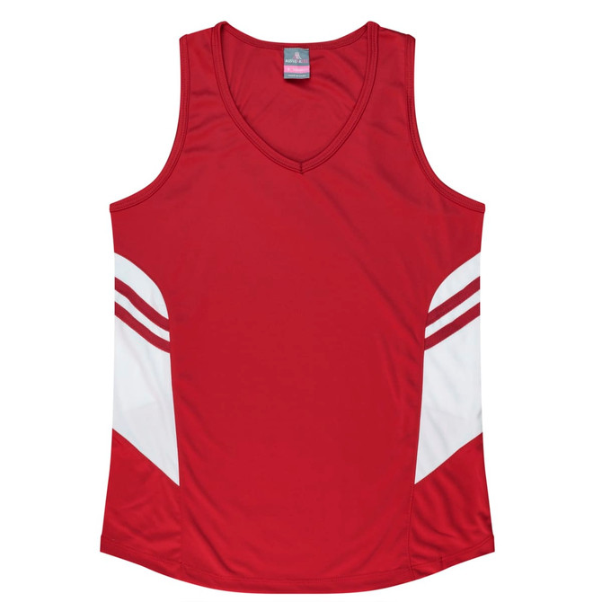 A red singlet featuring white side panels and stripes, with a branded logo on the upper part.