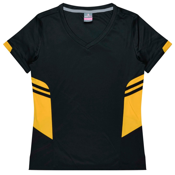 A black and yellow women's T-shirt with a V-neck and contrasting side panels. It features a branding logo.
