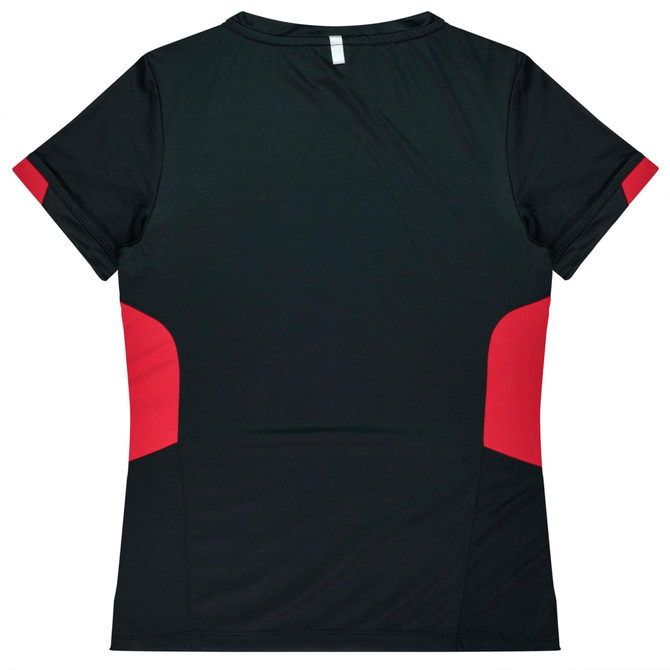 A black and red women's T-shirt featuring a simple design and a logo on the back.