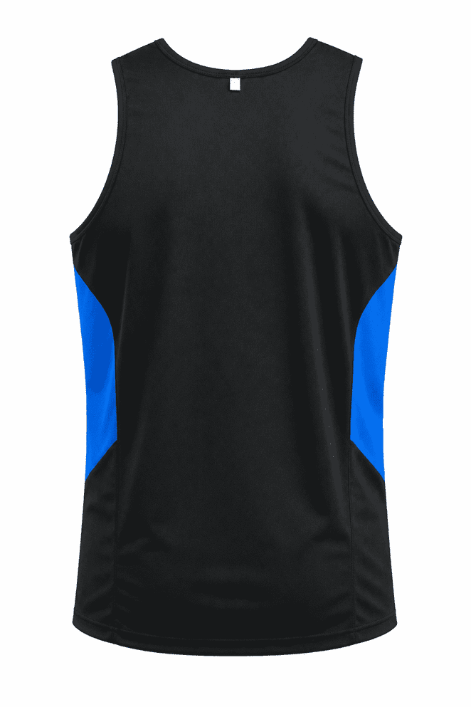 A black singlet with blue side panels and a logo. The design is simple and modern.
