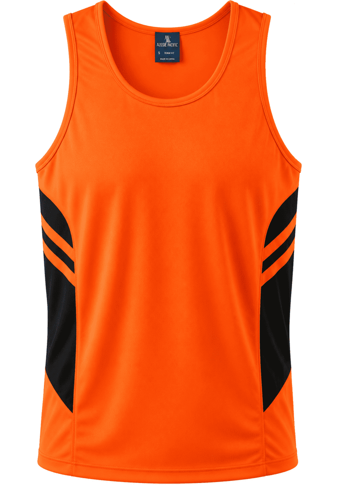 An orange singlet featuring black side accents and a logo on the chest. Suitable for casual or active wear.