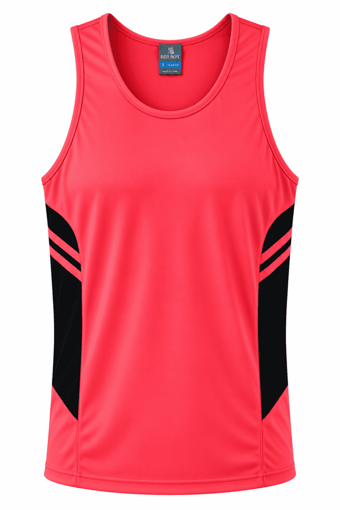 A red singlet featuring black side panels and a logo on the upper section.