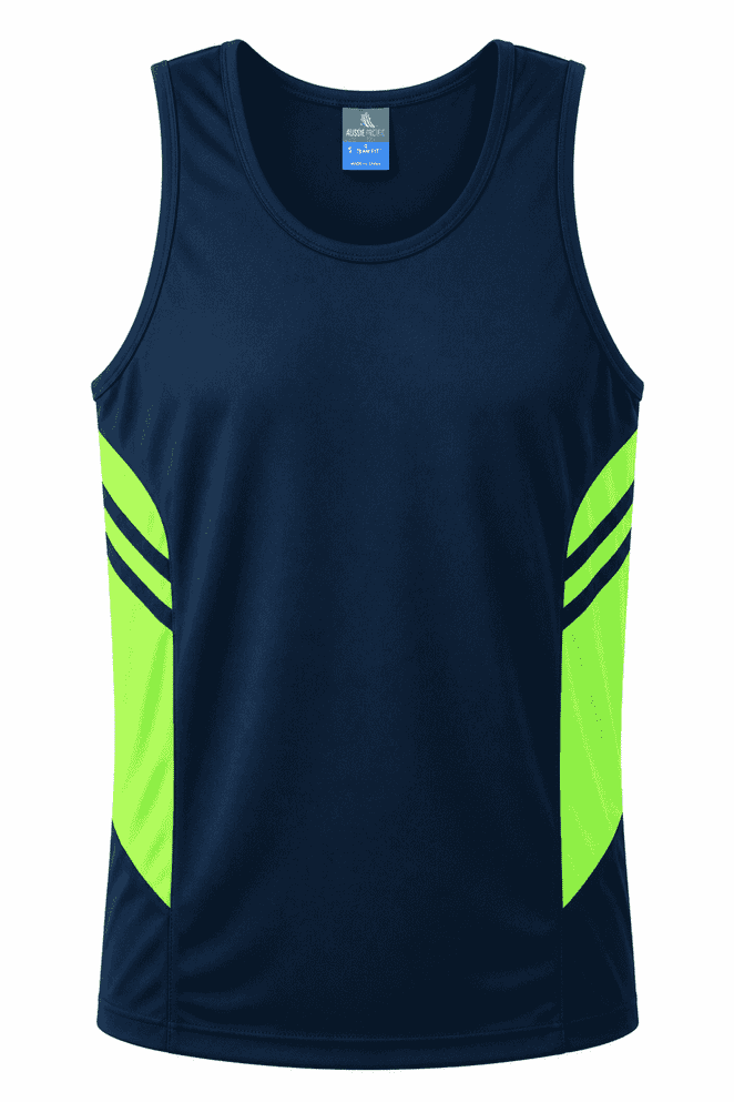 A navy singlet featuring lime green side panels and a logo on the chest.