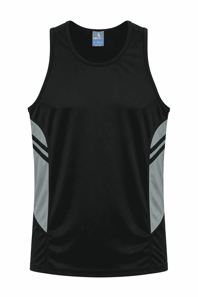 A black singlet featuring grey accents on the sides and a logo on the collar.
