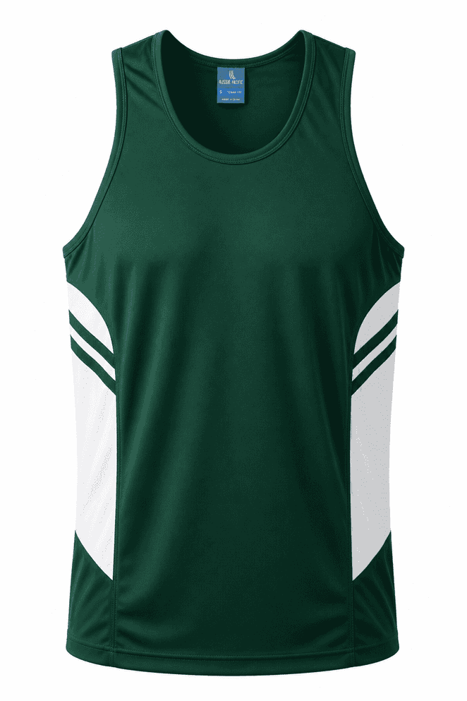 A green singlet with white side panels and a logo. Suitable for active wear and sports.
