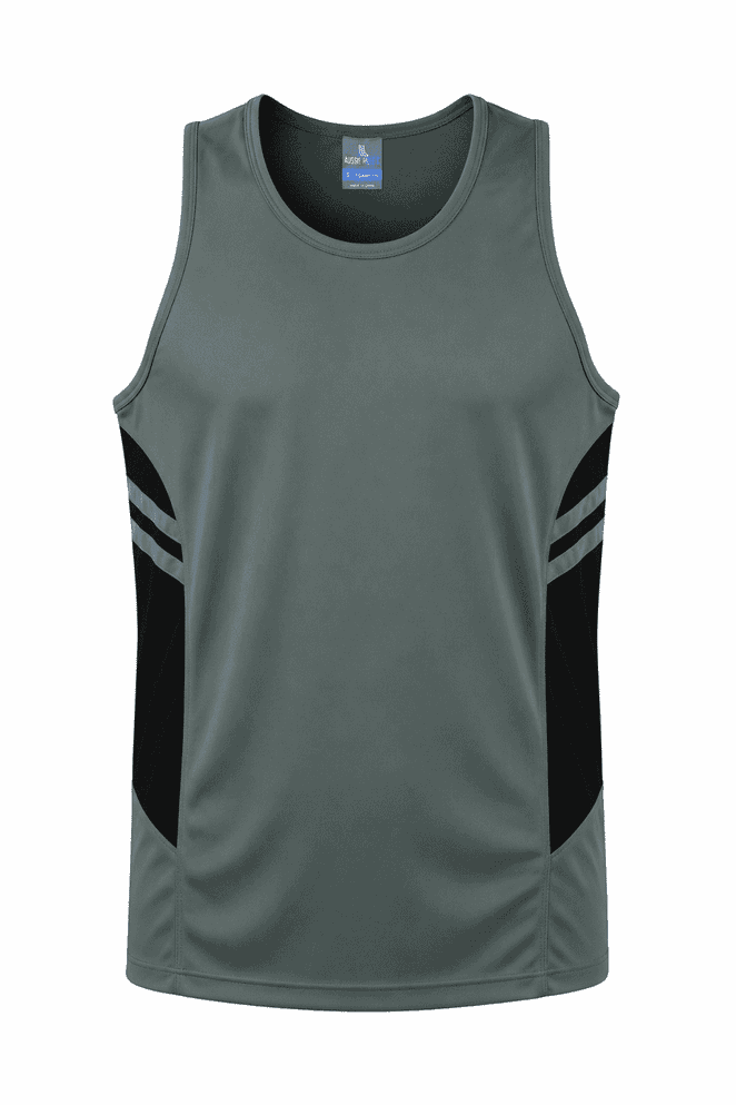 A men's singlet in grey with black side panels and branding, designed for casual wear or sports.