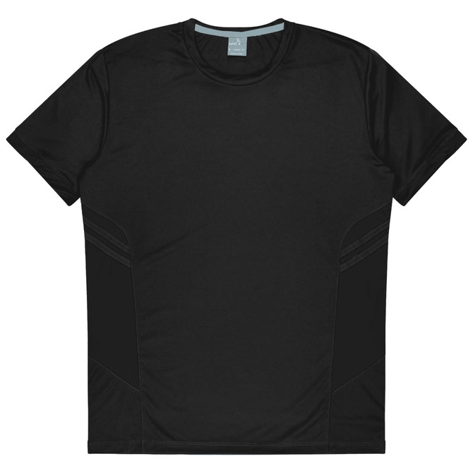A black t-shirt featuring a sleek design with subtle detailing and a logo. Ideal for active wear.