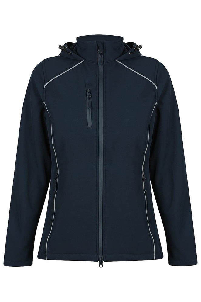 A dark blue soft shell jacket with a hood, featuring zippered pockets and contrasting stitching. It has a logo.