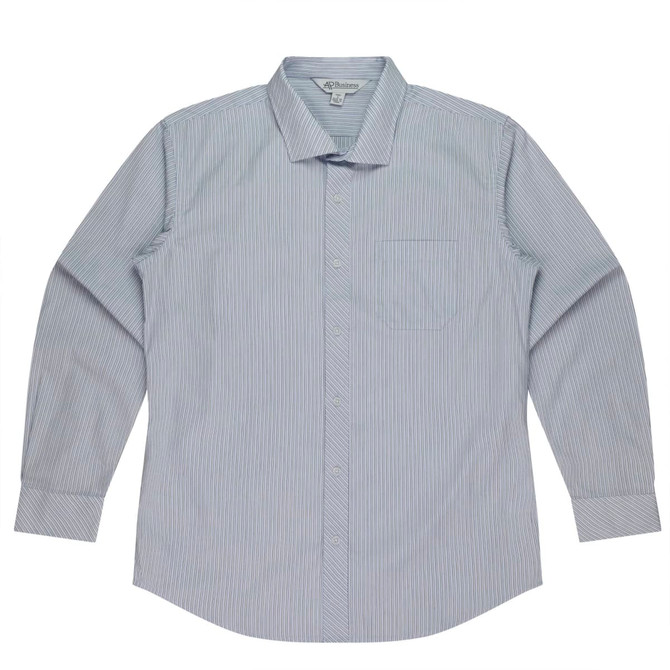 A long-sleeve button-up shirt in light blue and white stripes, featuring a chest pocket and a branded logo.