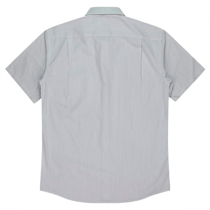 A short-sleeve button-up shirt in light grey with a striped pattern and a back view featuring a logo.