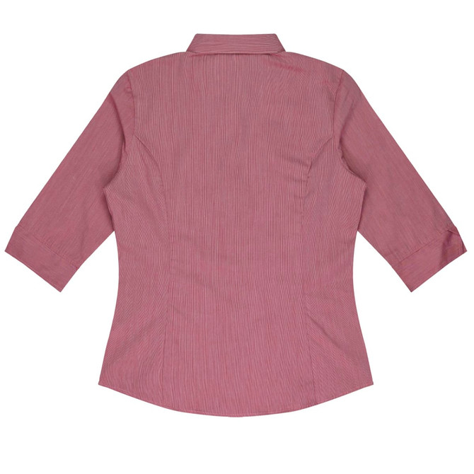 A button-up shirt featuring a 3/4 sleeve design in a pinkish-red fabric, with a fitted silhouette and back pleating.