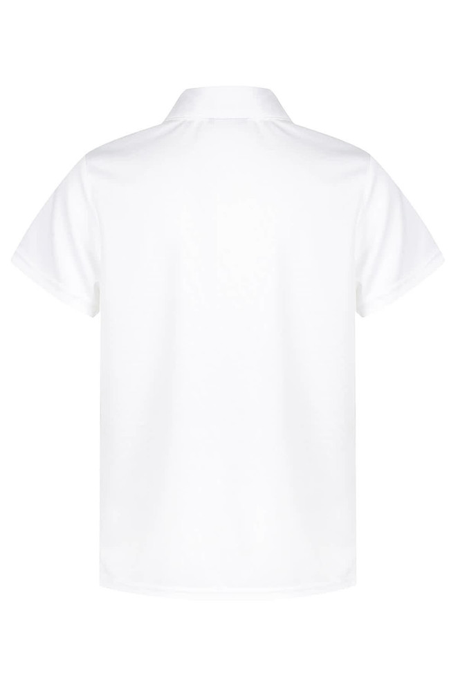 A white polo shirt with a collar and short sleeves, featuring a logo on the back.