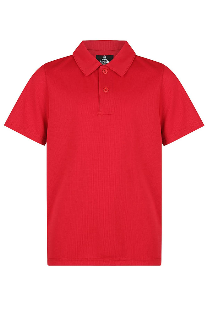A red polo shirt featuring a collar, button placket, and a logo on the chest. Suitable for kids' sports uniforms.