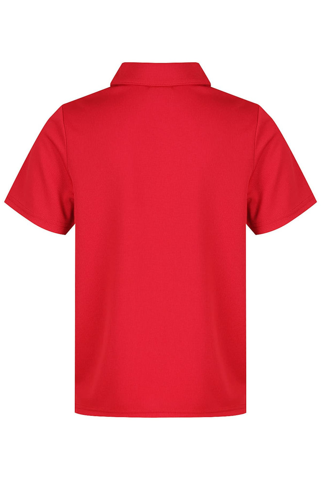 A red polo shirt with a collar and short sleeves. Features a branded logo.