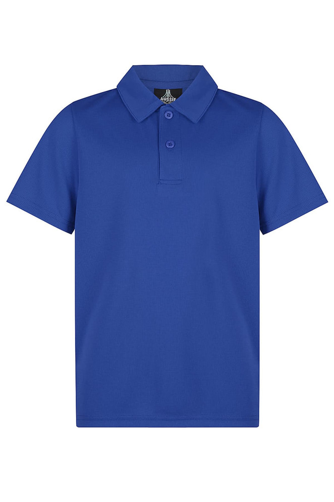 A blue polo shirt with a buttoned collar and short sleeves. It features a logo on the collar.
