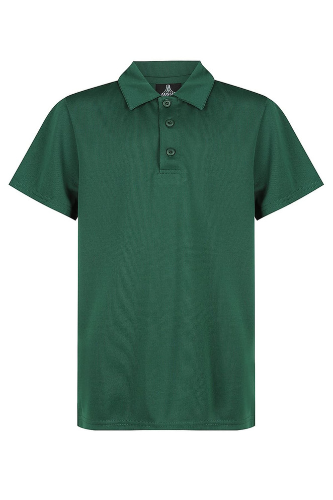 A green polo shirt with a collar and three buttons, featuring a logo on the chest. Ideal for sports uniforms.