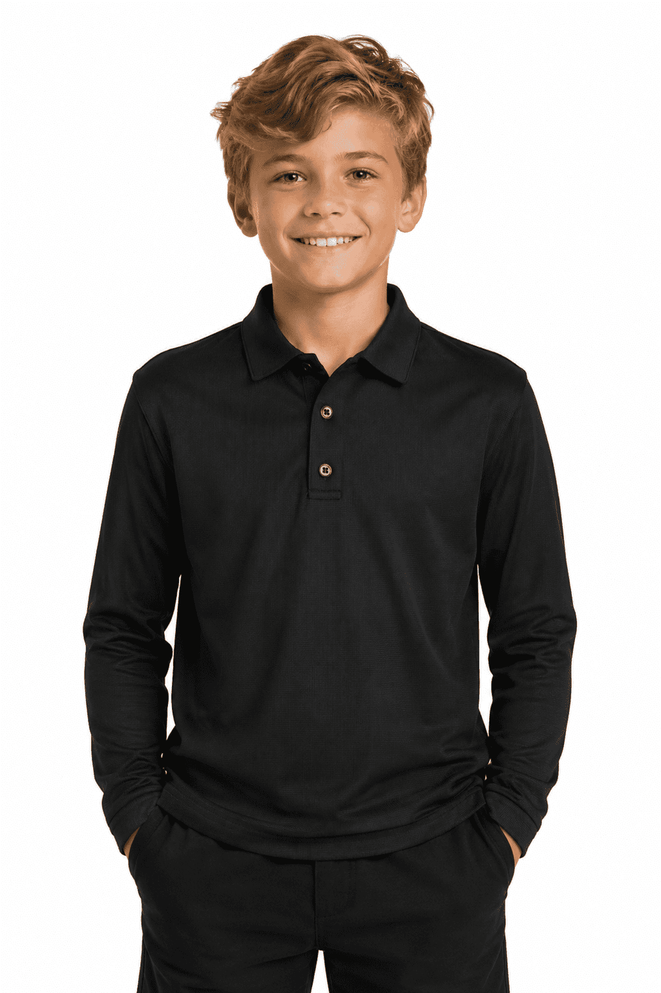 A black long-sleeve polo shirt for kids, featuring a collar and buttons, with a model smiling.