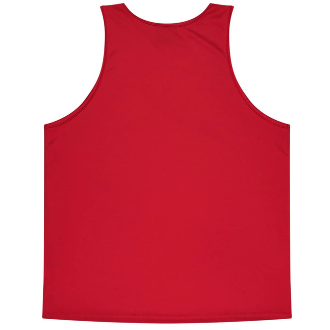 A red singlet with a plain back, featuring a logo at the neckline. Ideal for casual wear.