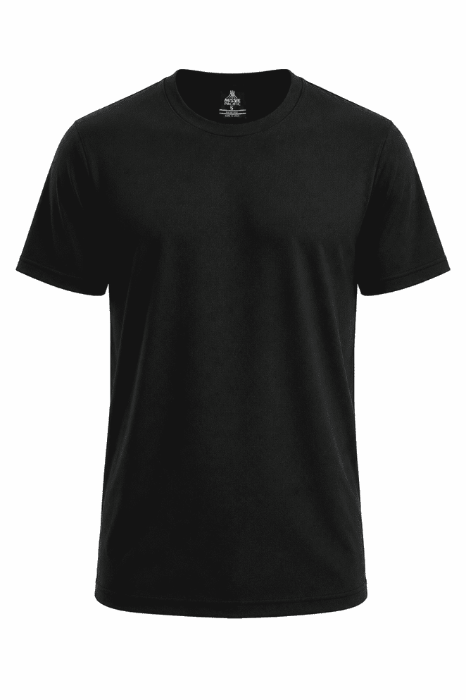 A black T-shirt with a round neckline and short sleeves. Features a simple design and a brand logo.