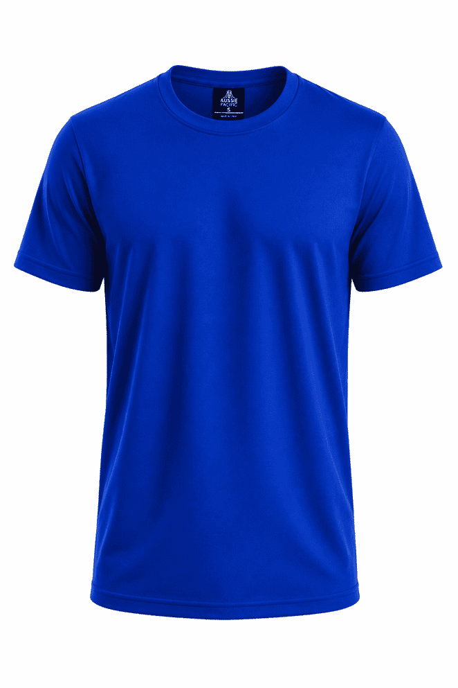 A royal blue T-shirt with a crew neck and short sleeves. The shirt features a logo on the inside tag.