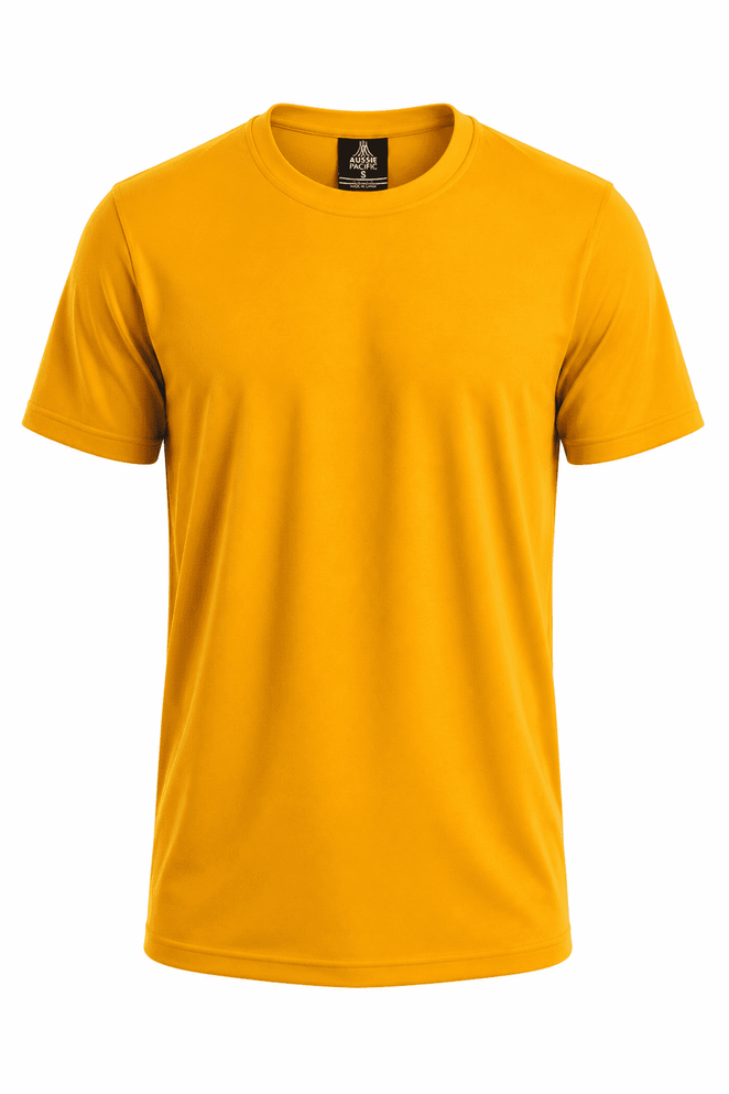 A short-sleeved t-shirt in bright yellow, featuring a logo on the neckline.