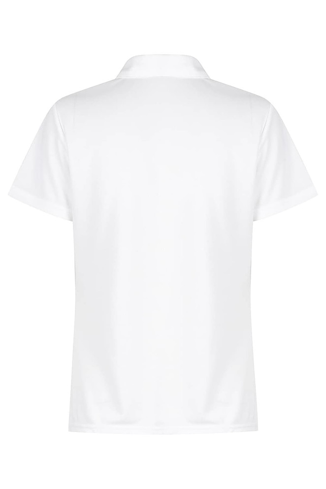 A white polo shirt featuring a collar and short sleeves, with a small logo on the back.