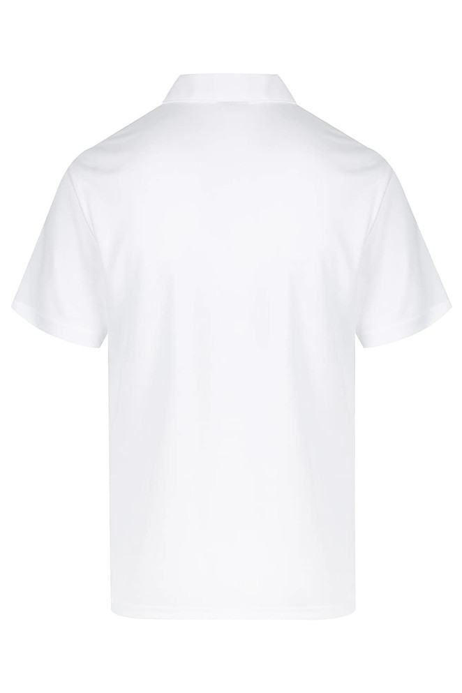 A white polo shirt with a classic collar and short sleeves. The back view features a simple design and a logo.