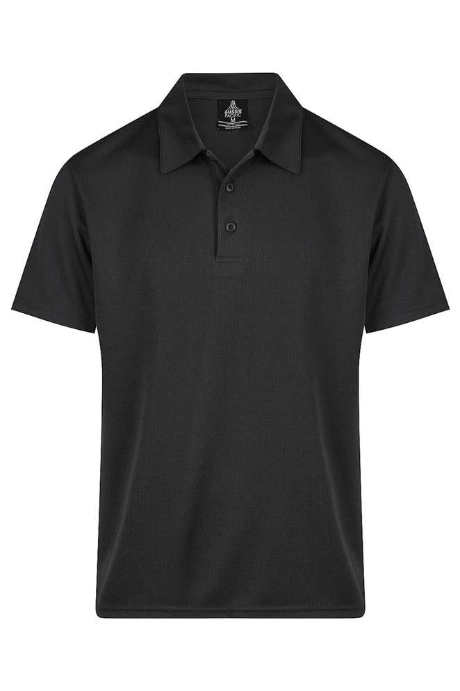 A black men's polo shirt with a collared neckline and three buttons, featuring a logo on the chest.