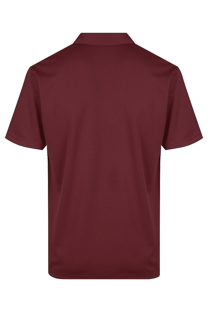A maroon polo shirt displayed from the back, featuring a collar and short sleeves. It includes a logo.