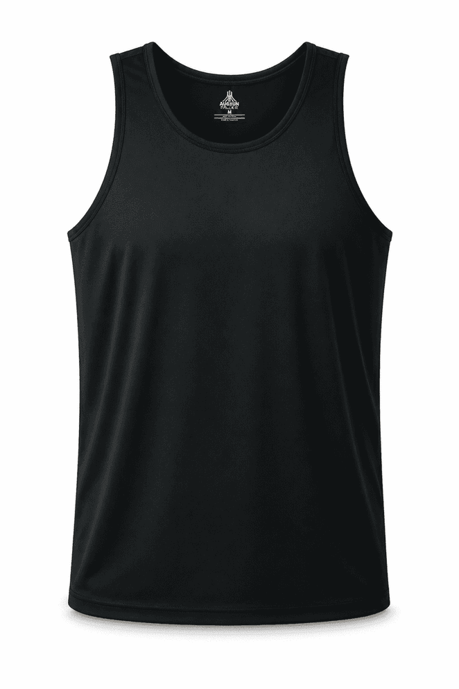 A black men's singlet featuring a round neckline and a logo on the label.