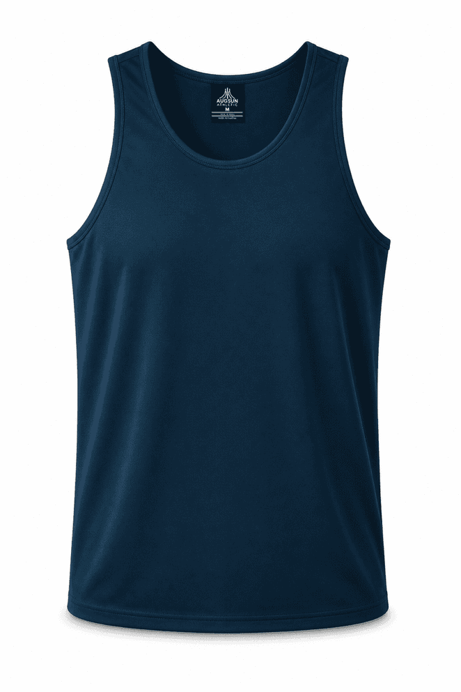 A navy blue men's singlet featuring a logo, with a sleeveless design and a smooth fabric finish.